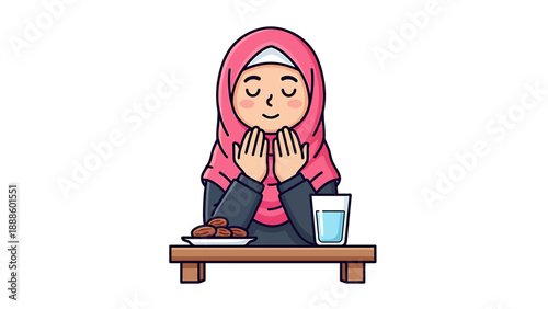 Young Muslim girl praying with dates and water nearby.