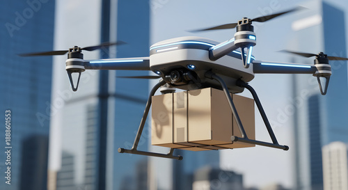 Autonomous Delivery Drone Carrying Cardboard Package in Modern Cityscape