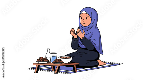 Young Muslim Woman Praying Before Breaking Fast.