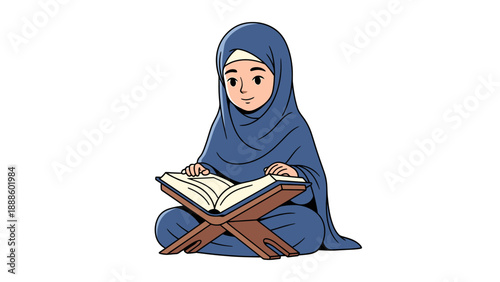 Young Muslim girl wearing hijab reads holy Quran on a stand.