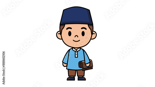 Cute Cartoon Muslim Boy Character Standing with Book.