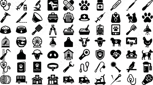 Collection of veterinary and pet care line icons representing animal health services and medical supplies