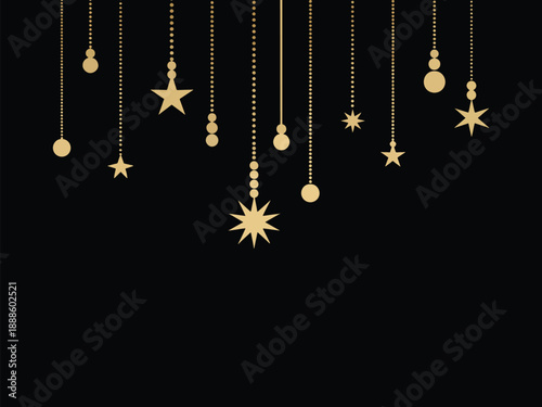 Luxury Golden Hanging Stars and Beads Ornament - Elegant Festive Illustration on Black Background for Diwali, Christmas, Ramadan, and Premium Celebration Design