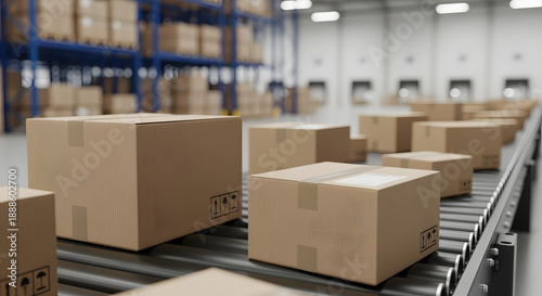 Boxes on automated roller conveyor belt in a large logistics warehouse. Shipping distribution and storage concept.