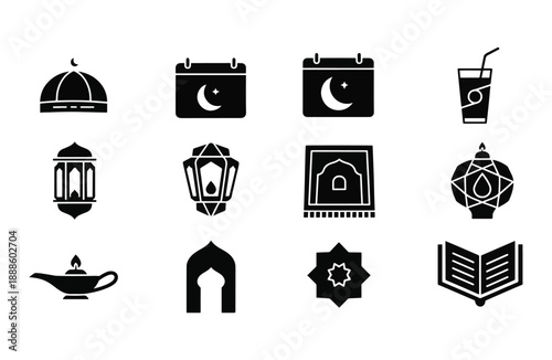 Modern Islamic Ramadan Icon Set - 12  Symbols for Eid Mubarak, Mosque Architecture, Ramadan Calendar, Traditional Lanterns, and Spiritual Celebration Design