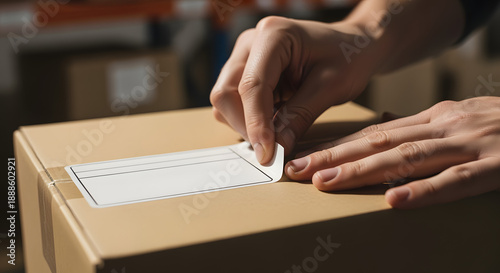Ecommerce fulfillment closeup Worker applying shipping label to cardboard box in warehouse for package delivery