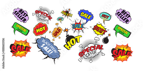 Cartoon explosion cloud phrase with comic speech bubbles and dynamic sound effects perfect for pop art comics advertising stickers graphic novels creative typography and expressive visual storytelling