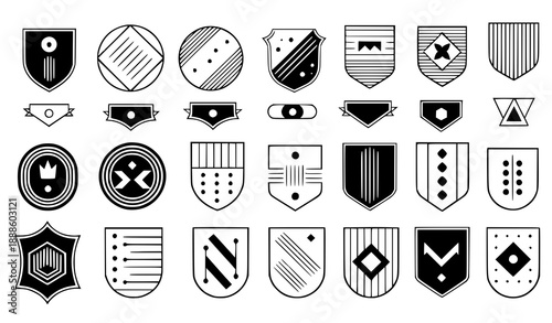 Minimal shield and crest emblem vector set with scroll ribbon elements