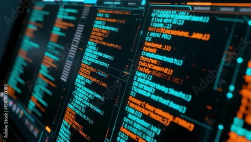 Technology background, programming code against a computer. screen flow of source code. data flow communication, network, privacy concept, 4k animated video