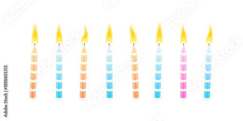Colorful 3d birthday candle set with lit flames. realistic striped spiral designs in various festive colors for cake decorating, party invitations