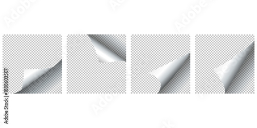 Curled paper sheets illustration set showing page curl effects designed for creative layouts print mockups editorial previews advertising materials and realistic document presentation designs