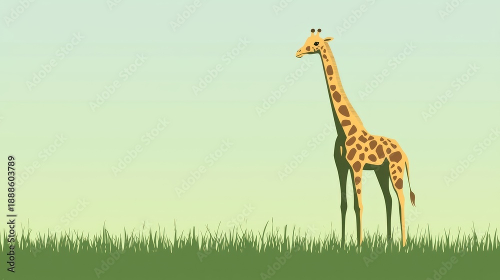 Obraz premium A minimalist vector illustration of a giraffe standing tall on a green field.
