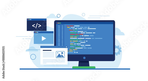 Vibrant vector illustration shows a computer monitor filled with colorful code, plus coding windows, a video panel, and a document preview, symbolizing software development, web design