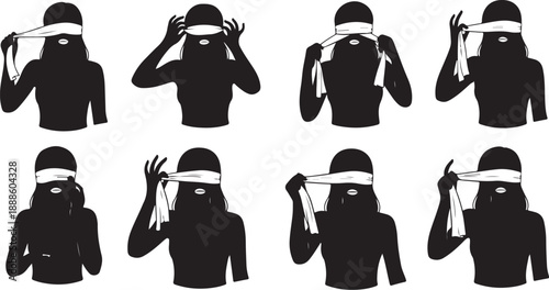 Silhouettes of people blindfolded in various poses and emotions