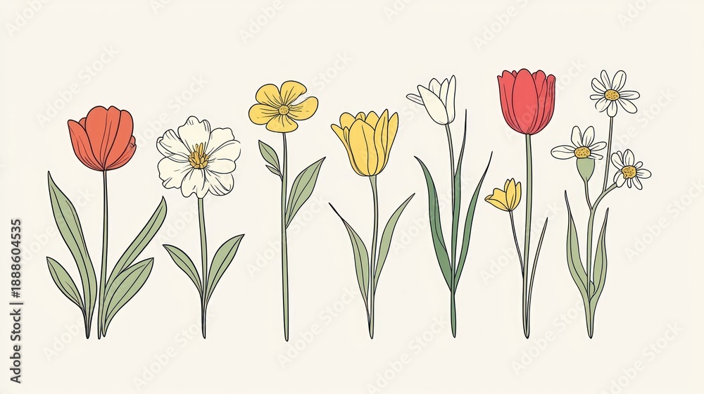 Obraz premium A minimalistic line art illustration of various spring flowers arranged in a symmetrical design.