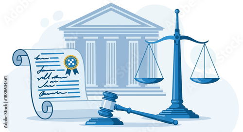 Justice System Illustration With Court, Scales, Gavel, And Legal Document For Law And Governance