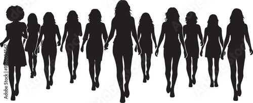 Silhouettes of women walking together in a line formation