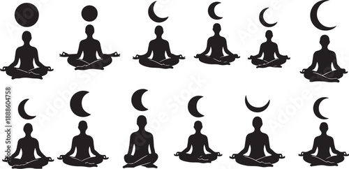 Meditation silhouettes under various moon phases in black