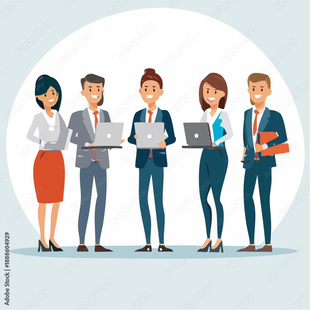 Fototapeta premium A diverse group of modern business professionals collaborating and working together as a team with laptops and documents, representing teamwork and corporate success