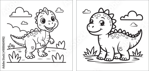 Adorable cartoon dinosaurs a large parent and small baby with a colorful border vector design