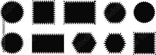 A collection of black irregular geometric shapes with sharp spiky zig zag edges on white