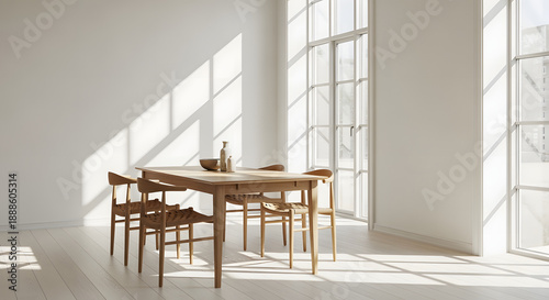 Bright Scandinavian Dining Room Interior with Natural Light and Modern Wood Furniture