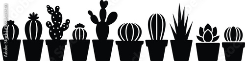 A collection of stylized black silhouette cactus and succulent plants displayed in simple pots