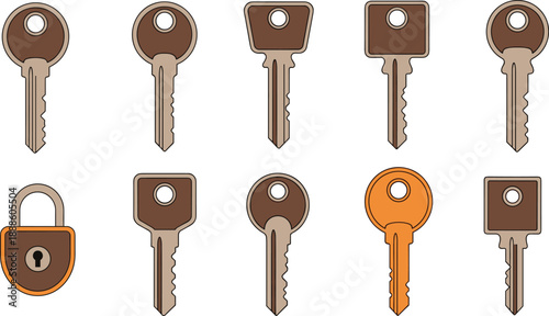 Key icons set, flat vector house keys and padlock symbols, security access concept, locksmith tools illustration isolated on white