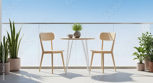 Modern Balcony Furniture Set with Wooden Chairs Small Table and Potted Plants Under a Clear Blue Sky