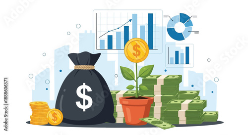 Financial Growth Concept With Money Bag, Cash Stacks, Plant Growth, And Graphs Illustration