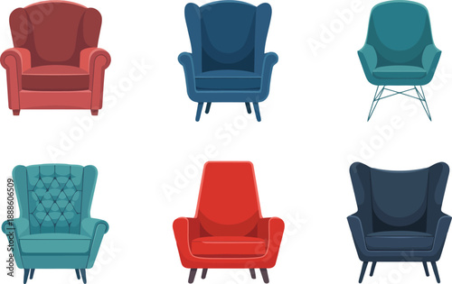 A varied collection of six comfortable armchairs displaying different styles colors and upholstery textures