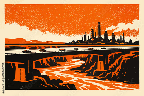 Industrial city with factories polluting atmosphere and river, cars crossing bridge