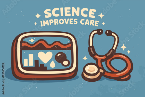 Science improving medical care, featuring a stethoscope and vital signs on a screen