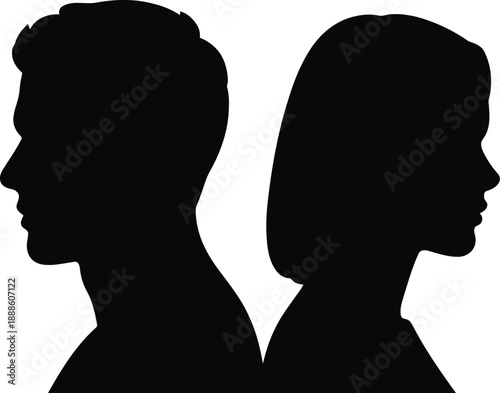 Black silhouettes of a man and woman standing back to back looking away in profile view