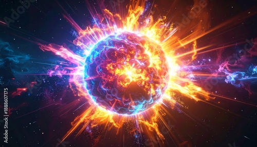 Apocalyptic isolated miniature supernova core explosion on infinite black background