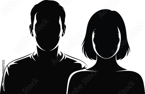 Front facing black silhouettes of a man and woman with white accent lines on their features