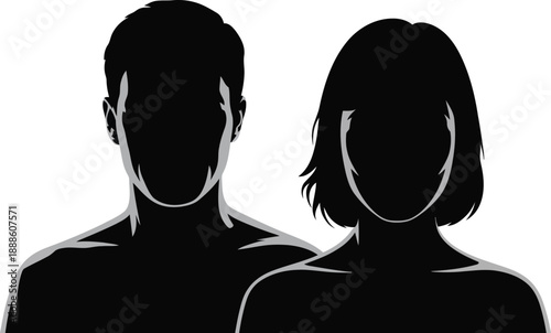Forward facing black silhouettes of a man and woman outlined with subtle gray and white lines