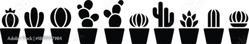 Ten distinct black potted plant silhouettes featuring various cactus and succulent species line up horizontally