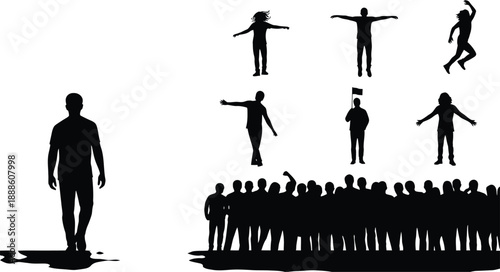 Black Silhouette People Crowd and Individual Poses Vector Set