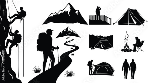 Outdoor Adventure and Camping Silhouettes Vector Set