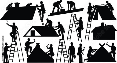 Silhouettes of Roofers Working on House Roofs with Ladders and Tools