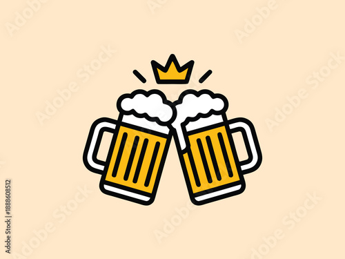 Two mugs of beer clinking together topped with foam and a small golden crown