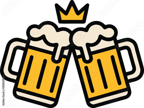 Two overflowing beer mugs clink together topped with a small golden crown