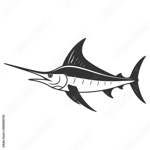 Illustrated swordfish swimming isolated on white background