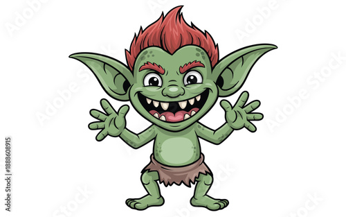 A cheerful green cartoon goblin character with spiky red hair and a wide toothy grin