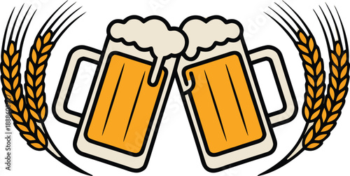 Two mugs of beer with wheat stalks create a celebratory and rustic emblem