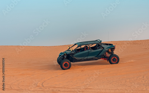 Desert adventure with quad and jeep buggy in Dubai, golden sand dunes, pastel blue sky at sunset, off-road outdoor tourism, adventure travel, desert landscape, recreational excursion