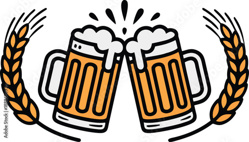 Two mugs of beer clinking together framed by wheat stalks in a vintage style