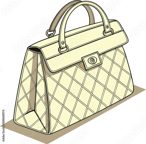 A luxurious, golden handbag is centrally positioned against a clean white background. The bag is composed of quilted, diamond-patterned material on its front flap and body, contrasting with the smooth