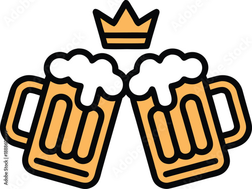 Two golden beer mugs clinking together topped with foamy heads and a small crown